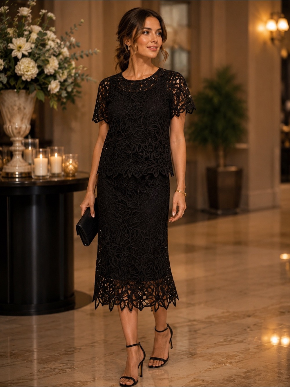 Vintage Elegant Black Lace Two-Piece Women’s Formal Outfit Wedding, Cruise, Etc
